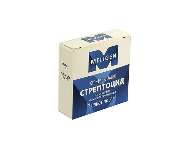 стрептоцид 2г. пор. д/нар. прим. /мелиген /стм/