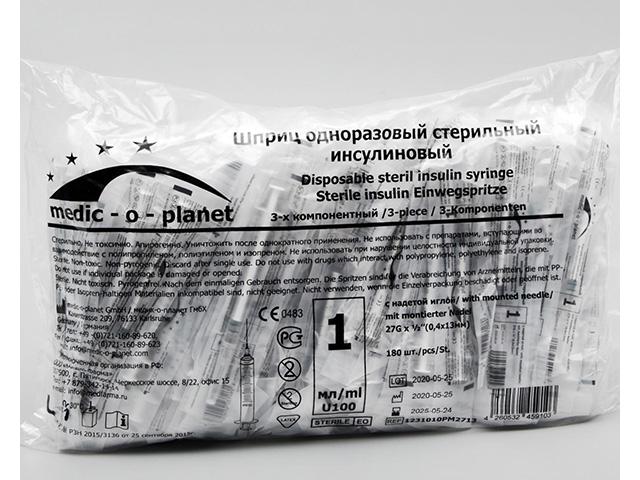 шприц medic o planet мop инсулиновый с иглой u-100 (3-х комп.) 1 мл №180
