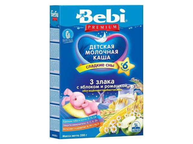 беби каша 200г. премиум 3 злака+яблоко+ромашка мол.