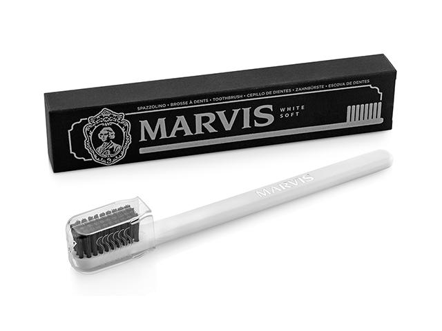 marvis зубная щетка ,белая рук/черная щетина, колпачок в коробке, soft 411074